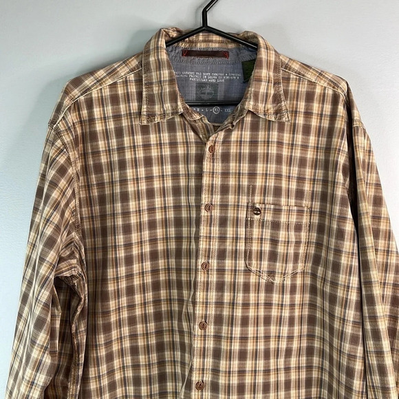 TIMBERLAND Mens Aged Washed Plaid Shirt Tan Brown Organic Cotton Long Sleeve XL - Picture 3 of 13